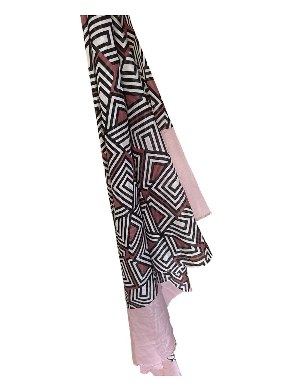 INDOROMA LIGHTWEIGHT WRAP SCARF BLACK/ WHITE GEOMETRIC PATTERN W/ PINK BORDER